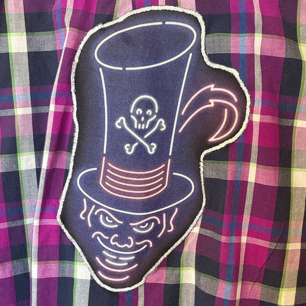 Chaps Mens XL Purple Plaid Button Down Shirt Upcycled Dr Facilier Graphic Patch - Picture 2 of 4